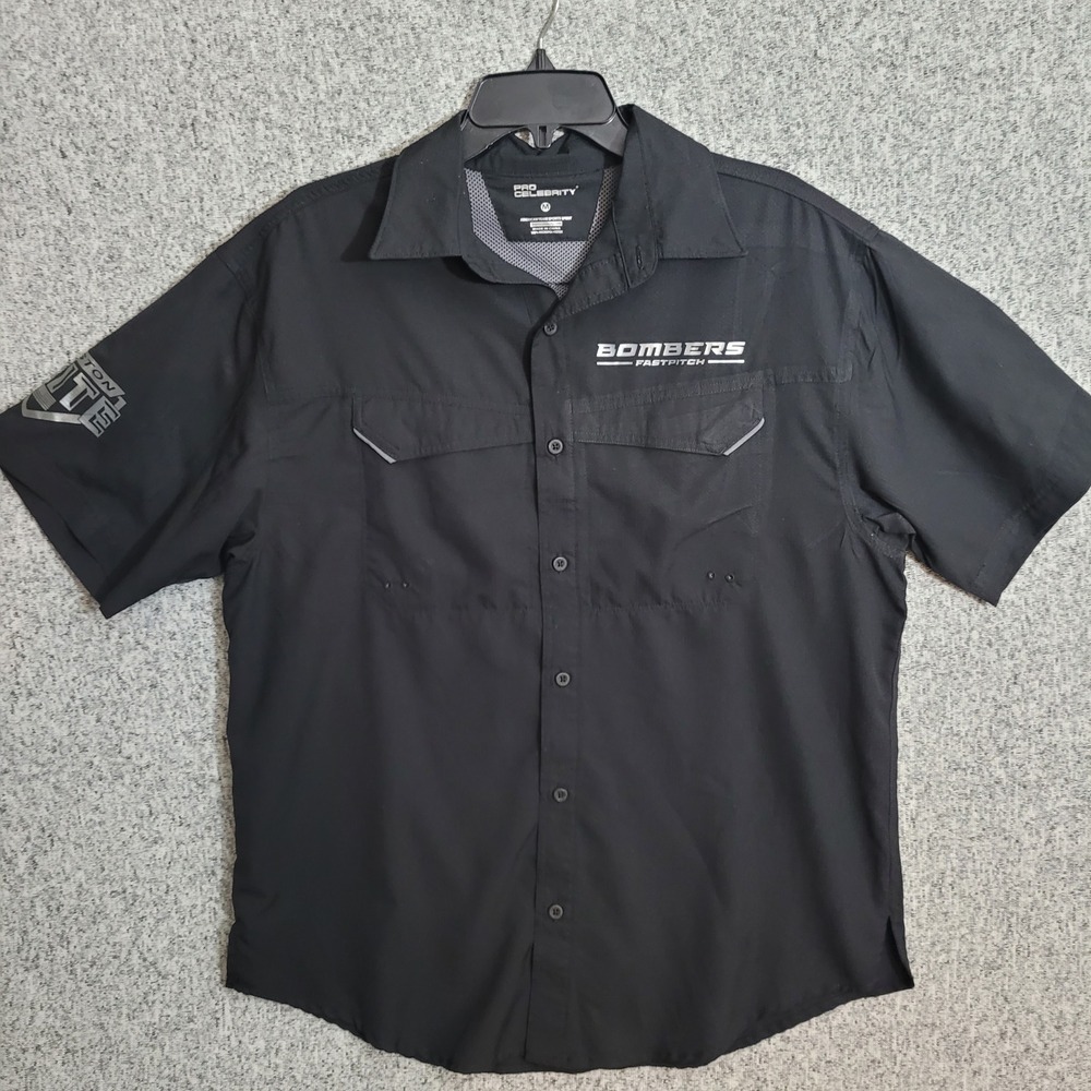 Pro Celebrity Bombers Fastpitch Mens Medium Black Short Sleeve Button Down Shirt